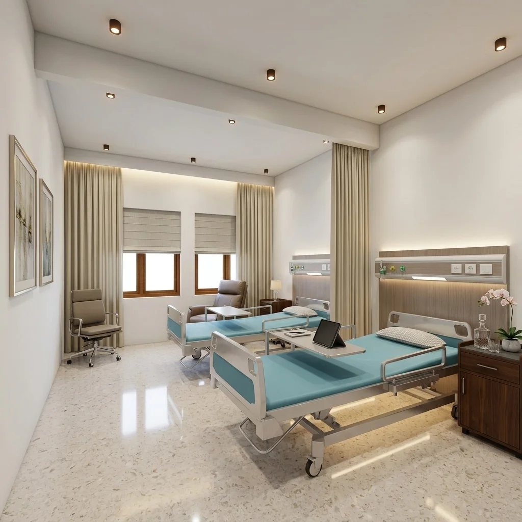 Comfortable assisted care and recovery room at Green Gardens senior living community designed for resident wellbeing and support