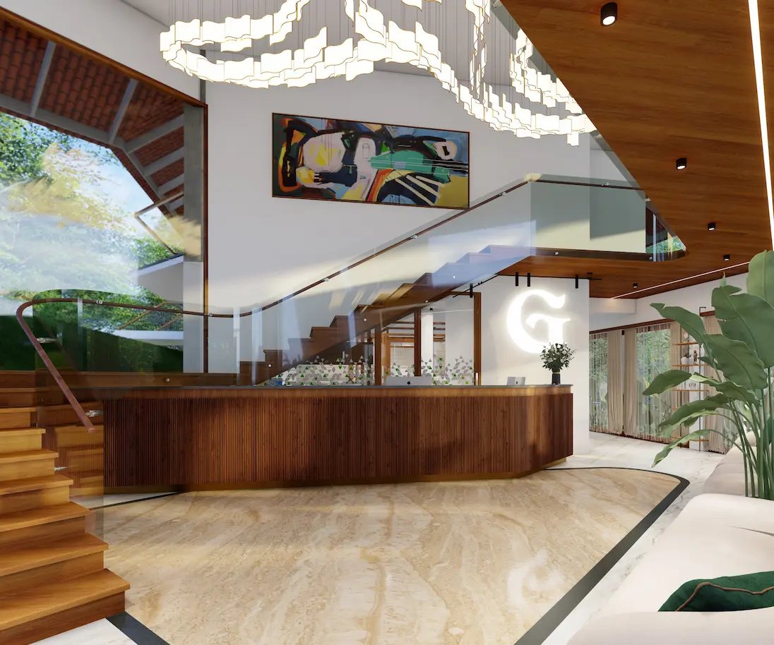 Elegant lobby interior at Green Gardens luxury senior living community in Kerala