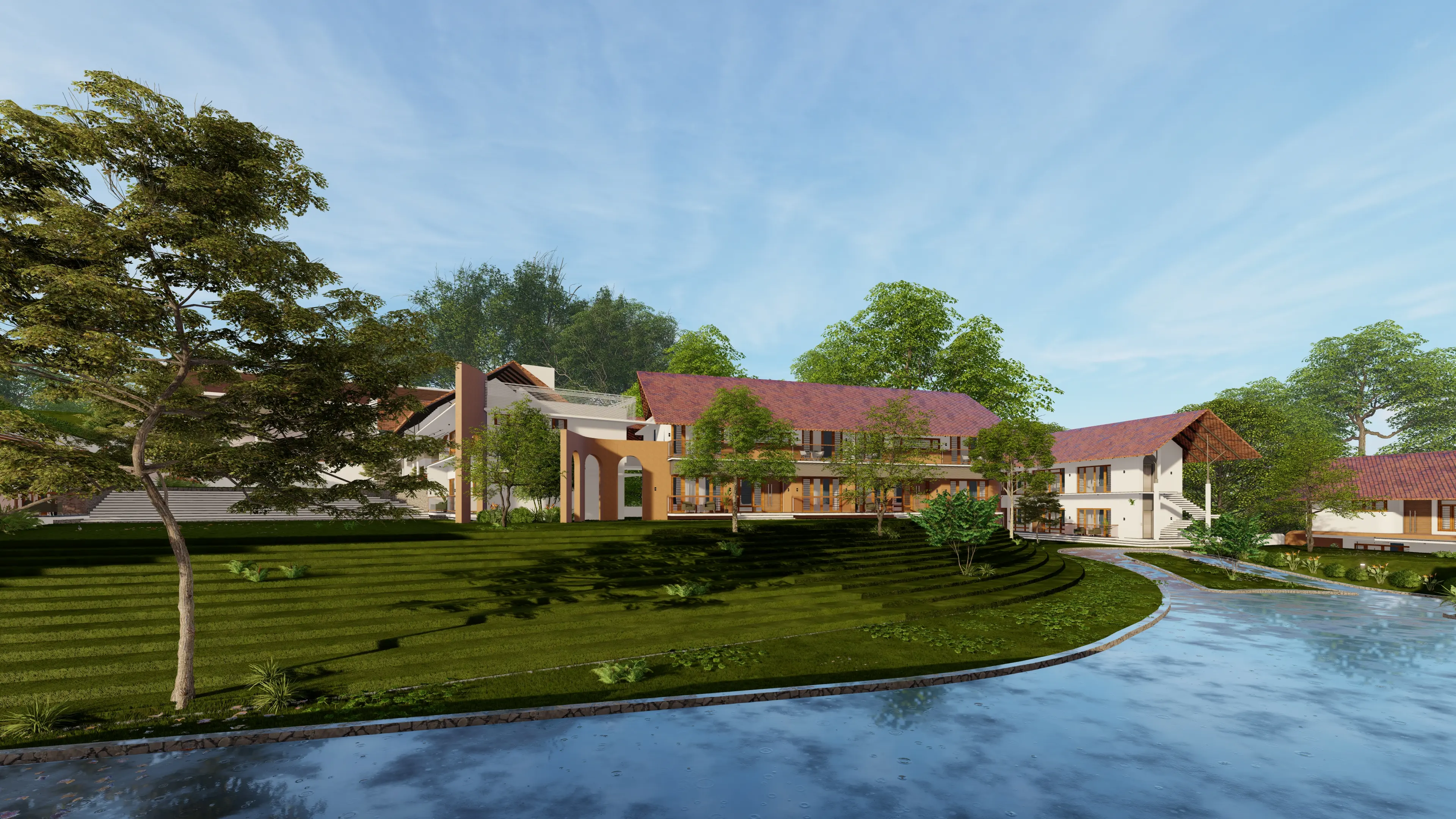 Peaceful retirement community at Green Gardens featuring landscaped open spaces, senior living villas, and nature-filled surroundings in Kerala
