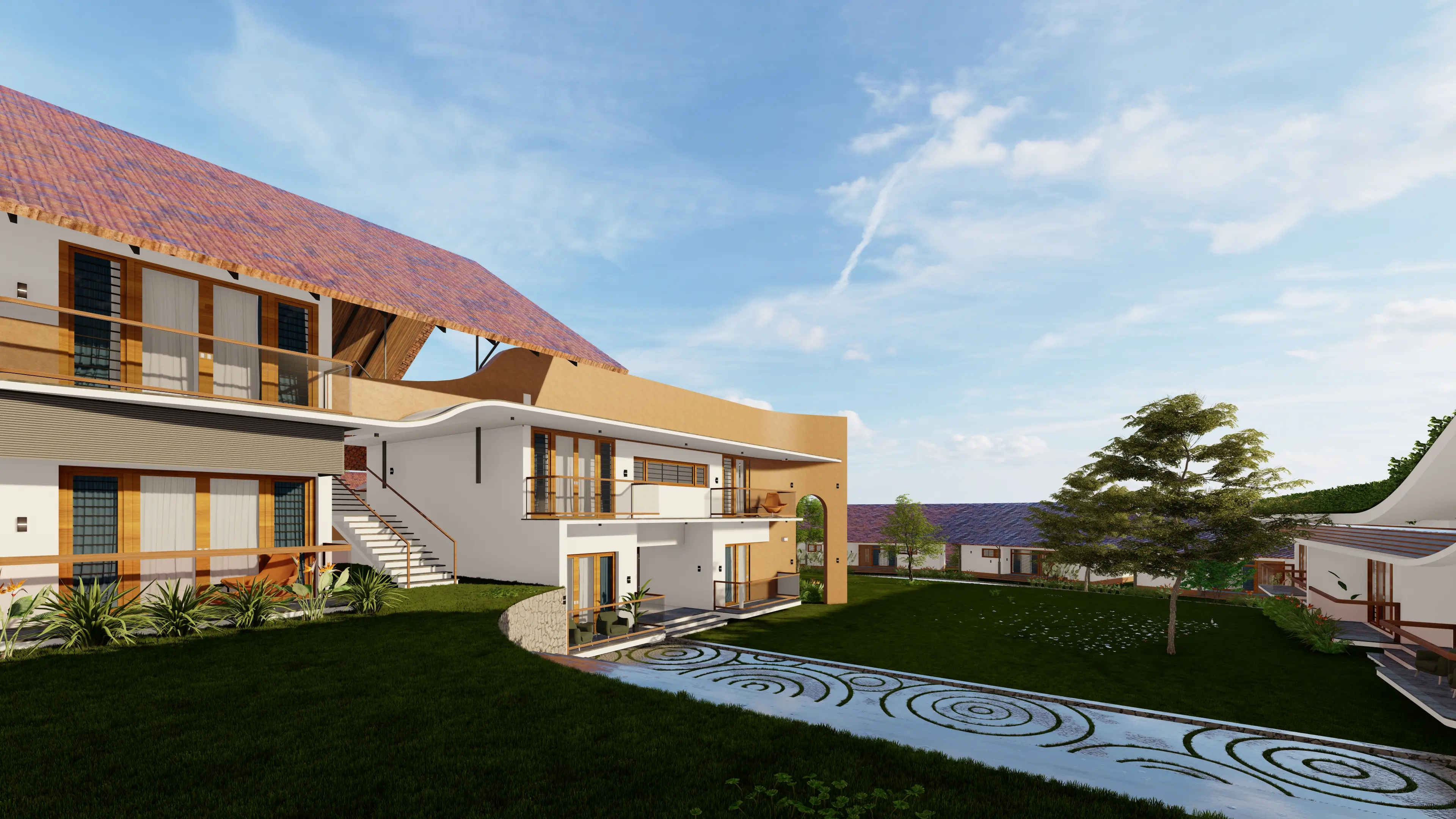 Exterior view of Green Gardens premium assisted living community featuring landscaped pathways, modern villas, and peaceful open spaces in Kerala