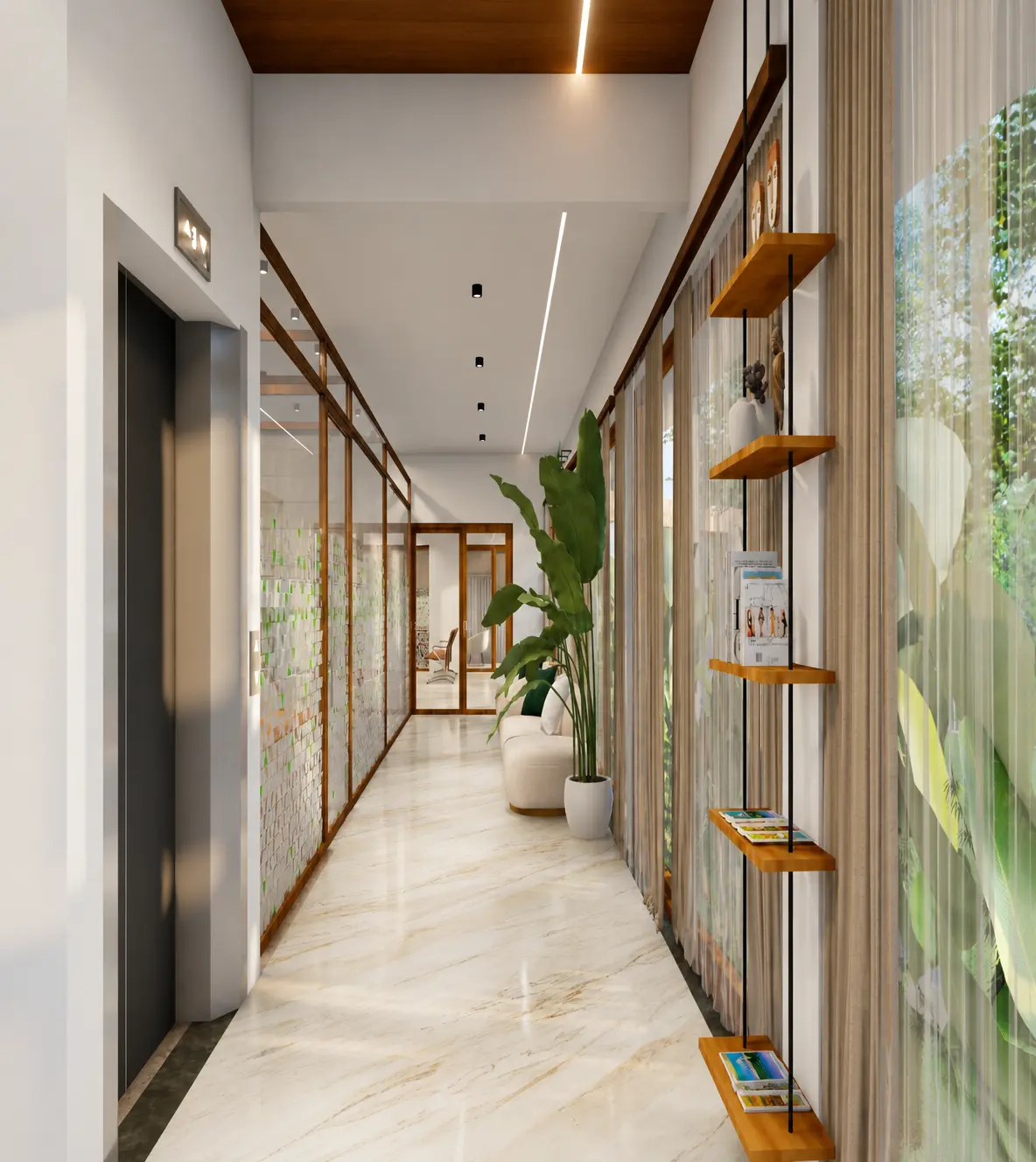 Modern interior corridor at Green Gardens senior living community with natural light and contemporary design