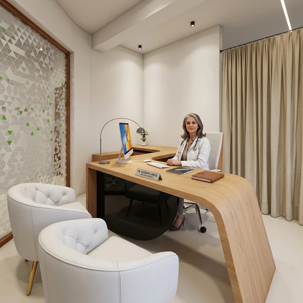 Private consultation and administration room at Green Gardens senior living community with modern interior design and natural lighting