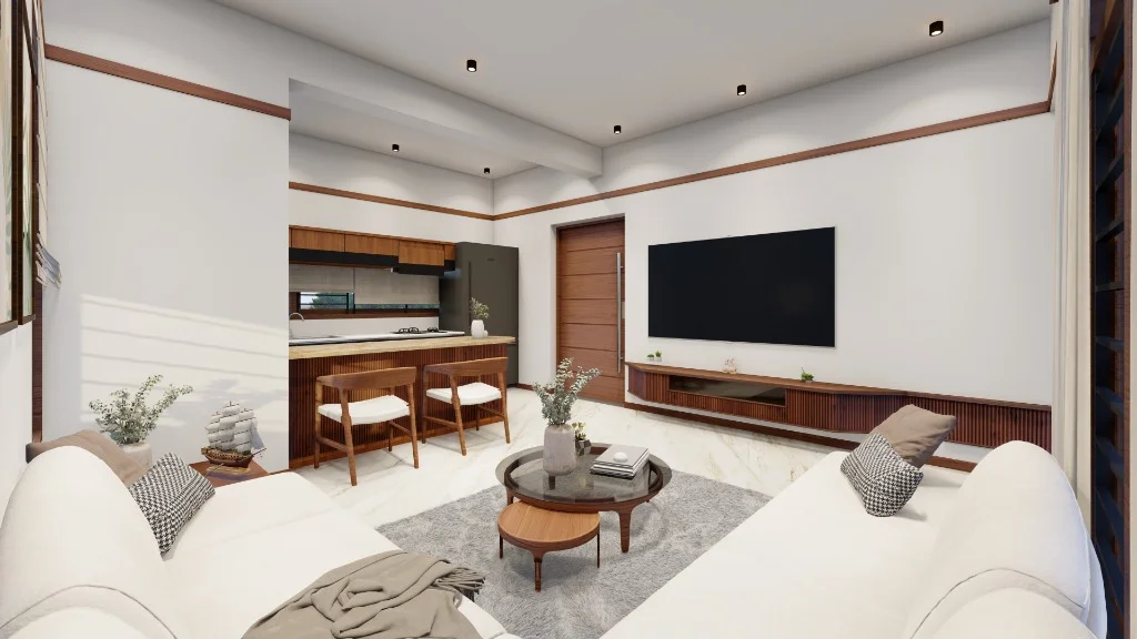Spacious living room and integrated open kitchen interior at Green Gardens senior living villa featuring elegant wooden furniture and modern aesthetics